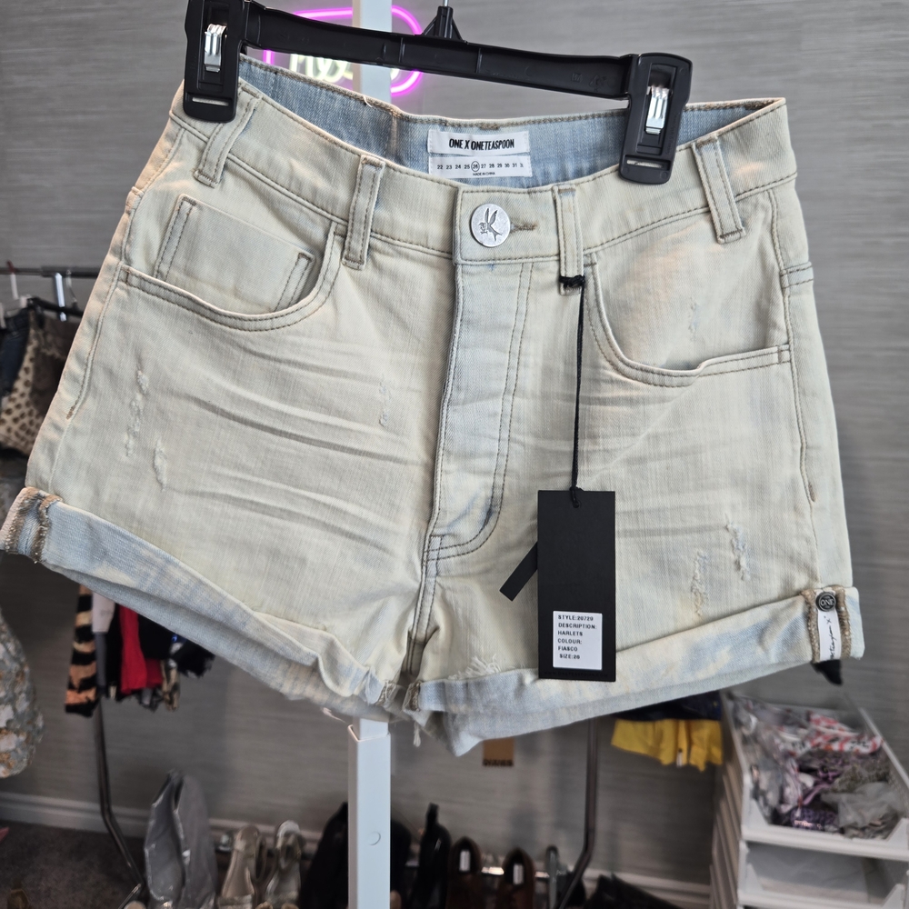 One Teaspoon Cream Jean Shorts Distressed Style
